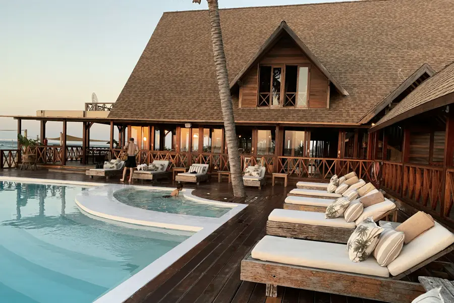 Hotel buildings around a pool terrace