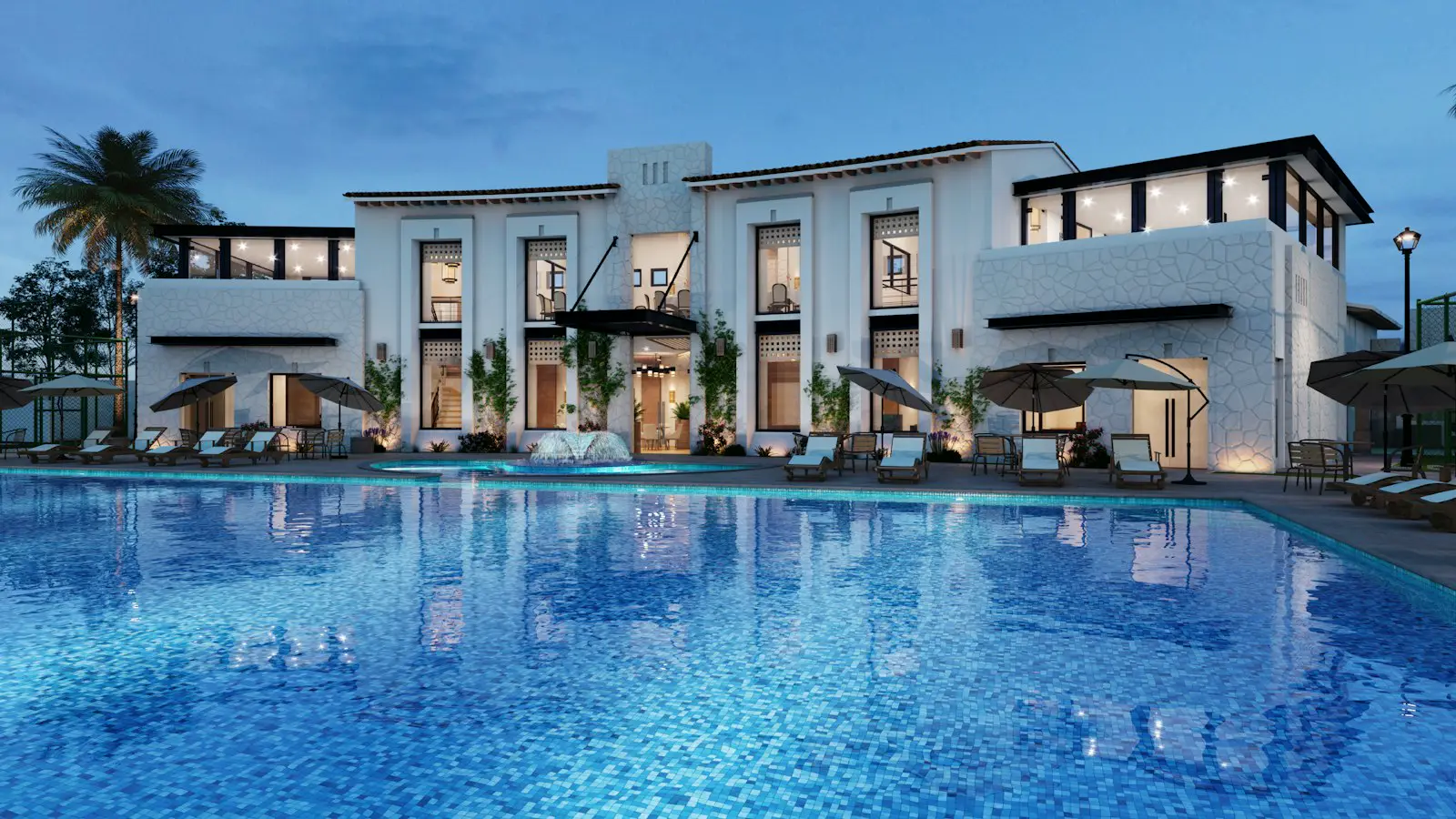 Resort hotel beside a swimming pool — illustrative stock photography